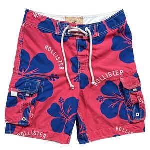Hollister Men's Swim Trunks Small Blue & Pink Floral Drawstring Unlined EUC -635